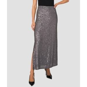 Halogen Sequin Maxi Party Skirt Women S Pearl Gray Glitzy Festive Side Slits NEW